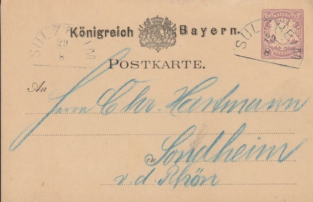 +++ Ganzsache + Sulzheim + Kreissegmentstempel + Sondheim +Hartmann +Donnersdorf