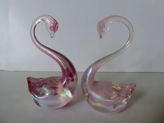 Two Vintage Heron Iridescent Pink Glass Swan Figurines