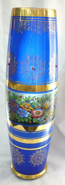 ANTIKE BODENVASE H. 47 cm handgemalt Blumen blaues Glas  Goldrand 1880 - 1910