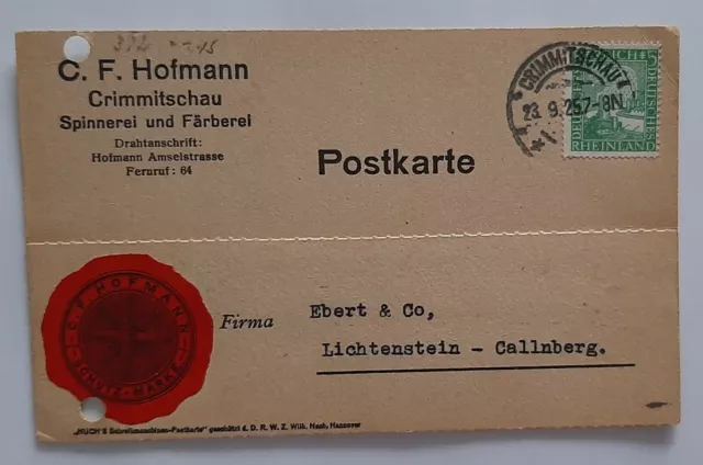 DR Mi Nr. 372 eF Postkarte C.F. Hofmann Crimmitschau nach Lichtenstein 23.9.25