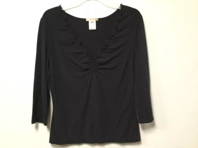 Old Navy Womens Knit Top Size M Black Ruffled Neckline 3/4 Sleeve Stretch 146
