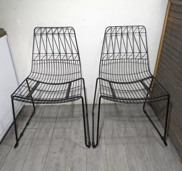 Pair of Black Geometric Metal Wire Side Chairs Mid Century Modern Eames Style B