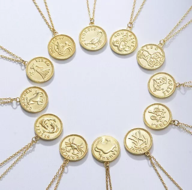 18K Gold Vermeil Zodiac Coin Necklace, Zodiac Pendant Necklace, Zodiac Necklace