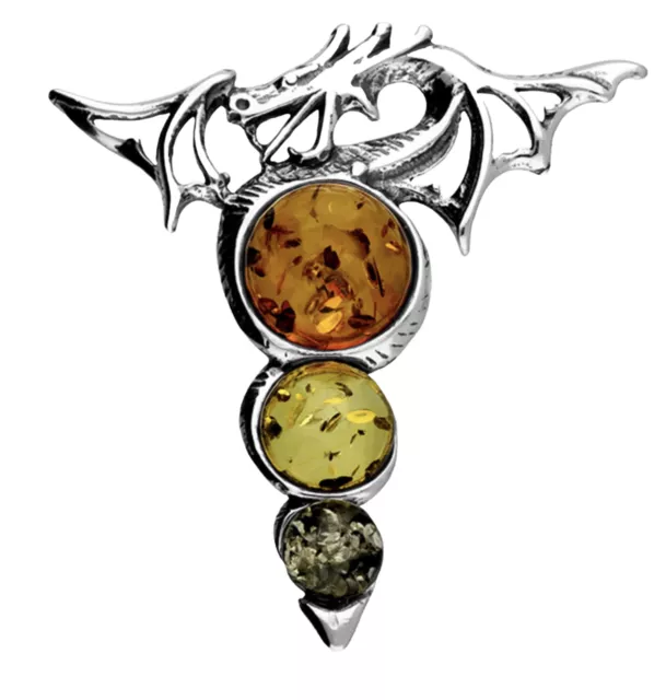 Sterling Silver Mixed Amber Bead Dragon Pendant 18 Inch Chain UK Supply Box