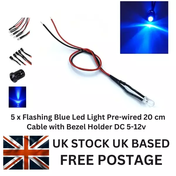 5 x Flashing 5mm Blue Led Light, With 20cm Pre-wired Cable and Bezel mounts, UK