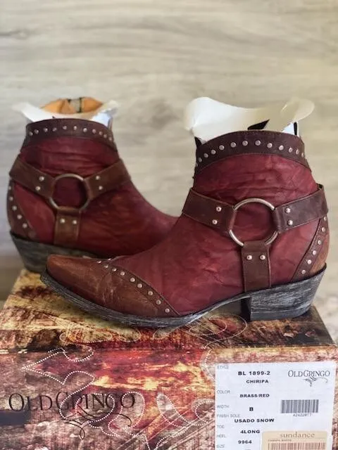 Ol Gringo Sundance Chiripa Cowgirl Boots Short Sz 7 B Brass/Red Studded