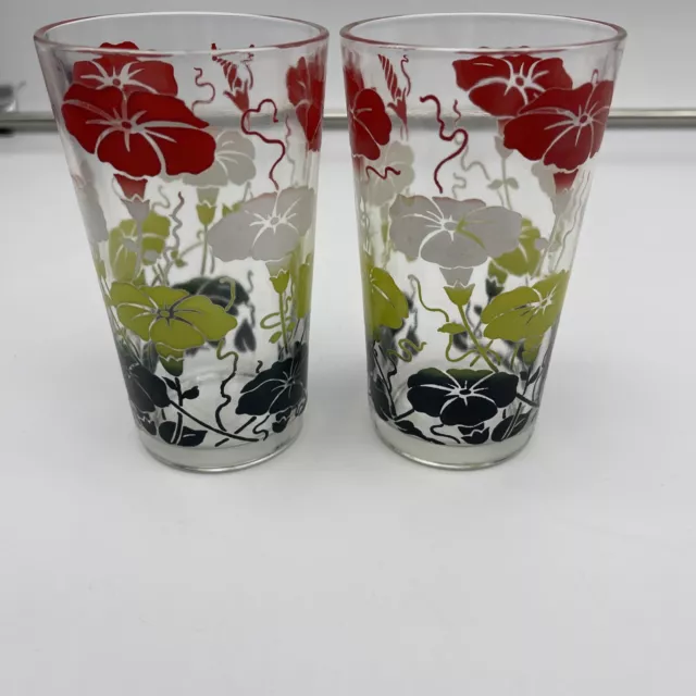 (Set of 2) Vintage Flower Glasses Red, Green and Black.  5" Tall.