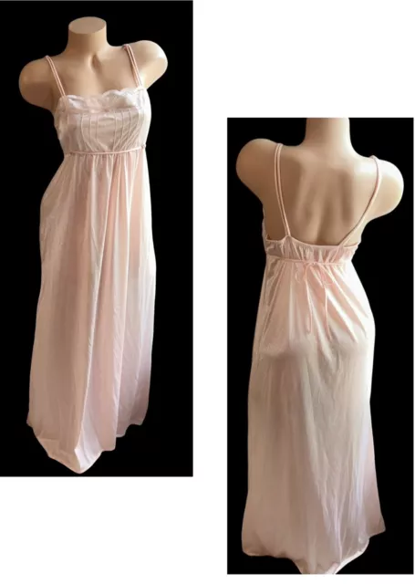 Avian Vintage Pink/Peach  Silky Shiny Sheer Lace Trim Nylon Long Tie Nightgown M