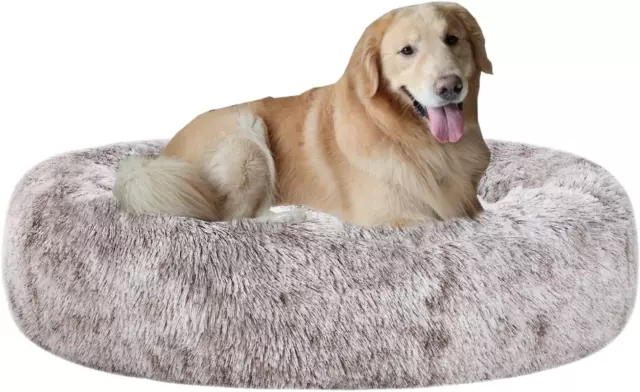 Calming Faux Fur Donut Cuddler Dog Bed,Washable round Cat Bed Pillow Cuddler Gra