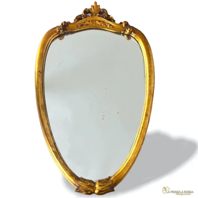 Specchio Specchiera antica vintage in legno dorata cornice ovale oro con cimasa
