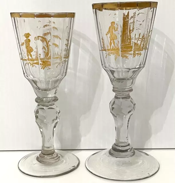 Antique Wine Glass Goblets 18-19th Century Facet Cut Gold Gilt Pair of 2 JCS
