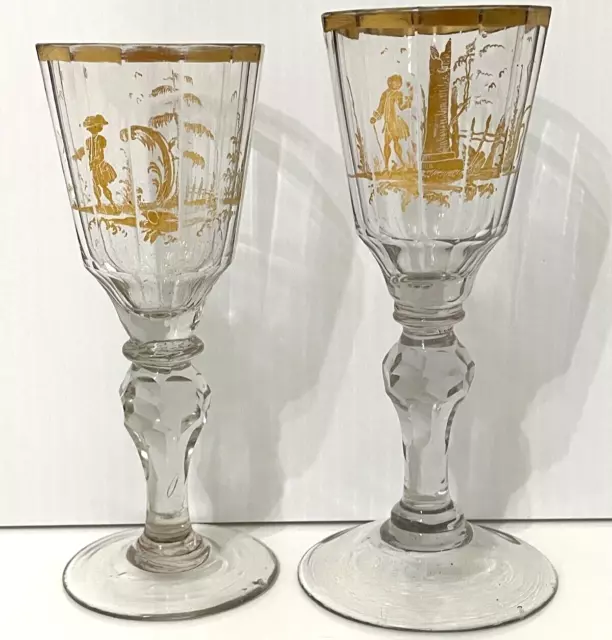 Pair Antique 18-19th Century Facet Cut Wine Glass Goblets Gold Gilt Pastoral JCS