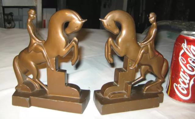 Antique Usa Frankart Era Art Deco Equestrian Bronze Metal Jockey Horse Bookends