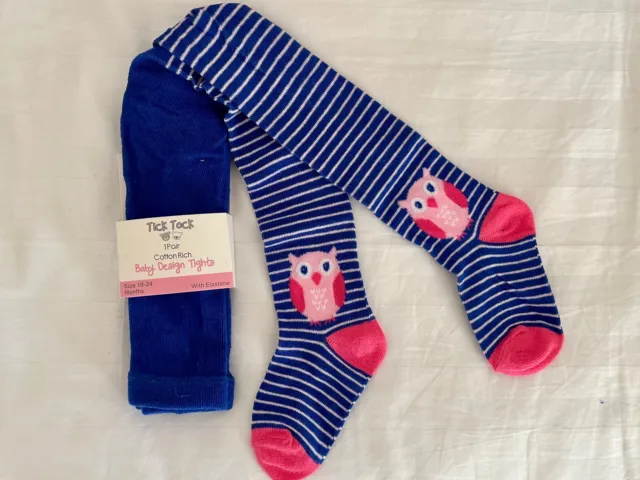 Baby Girls Royal Blue & Pink Owl Tights-0/6 Months-Cotton Rich With Elastine-New