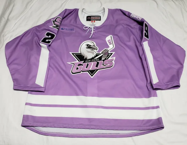 AHL San Diego Gulls Purple Game Used Worn Hockey Fights Cancer Jersey 56 XXL
