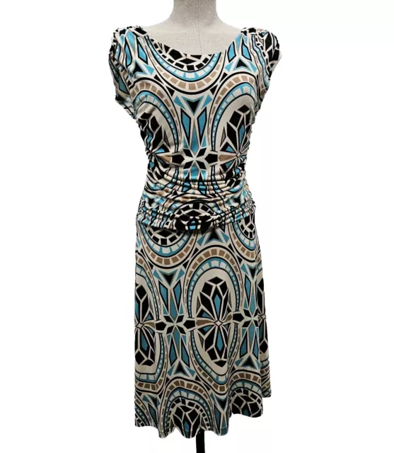 En Focus Ruched Waist Dress Womens 10 Teal Beige Geometric Print Day Evening