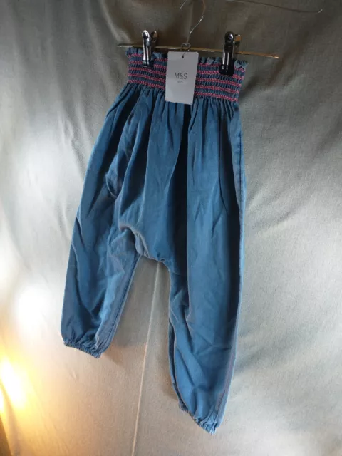 Pantaloni M&S Bambini Bambina 3/4 Anni Elasticizzati Blu Chambray 100% Cotone Nuovi con etichette 2