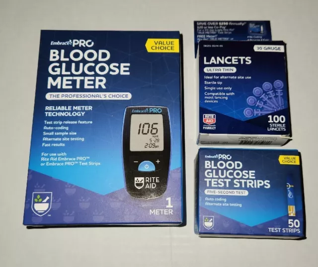 NUEVO medidor de glucosa en sangre Omnis Embrace Pro con tiras reactivas y lancetas AGM-4000