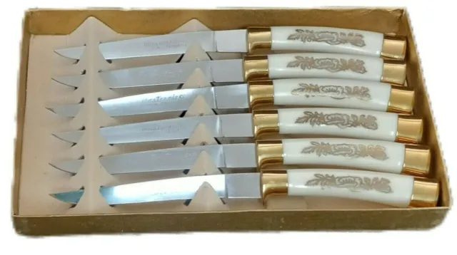 VTG 6 pc. Steak Knife Set Royal Brand Cutlery Co 1940's Cream Gold Pattern