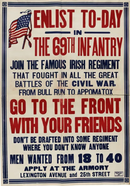 WW1 1917 Enlistment Recruitment Poster 69th Infantry Irish Regiment World War 1