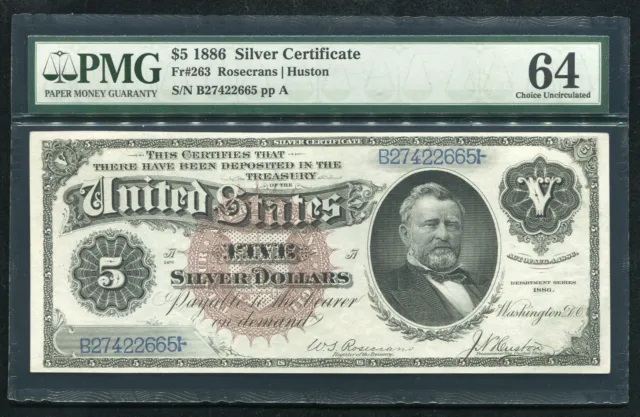 Fr. 263 1886 $5 “Morgan Silver Dollar Back” Silver Certificate Pmg Unc-64