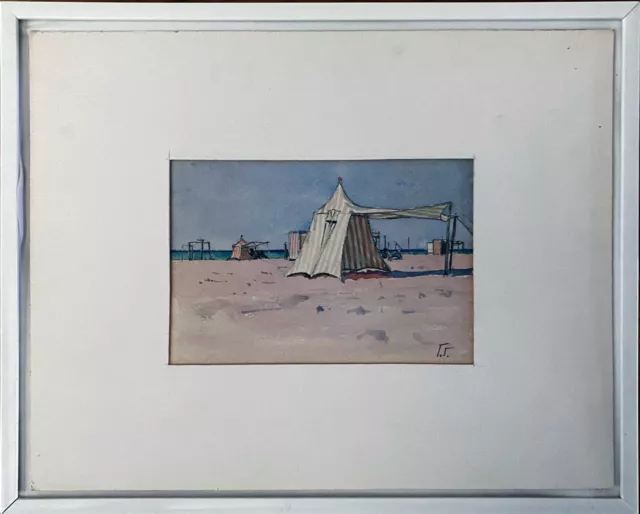 Tableau Aquarelle Bord de mer Plage normandie ? monogramme 1957