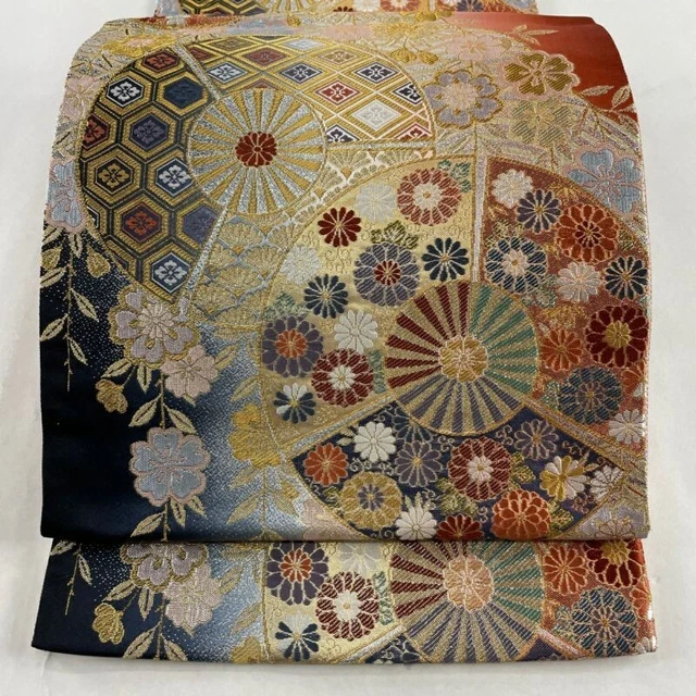 Woman Japanese Kimono Fukuroobi Silk CherryBlossom Fan Gold Foil Vermilion