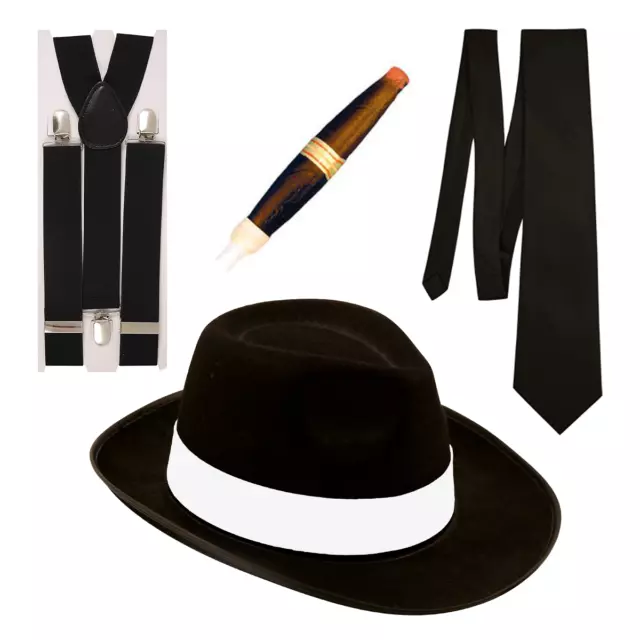 Mens Gangster 1920s Fancy Dress Hat Braces Tie Cigar Mafia costume Stag outfit