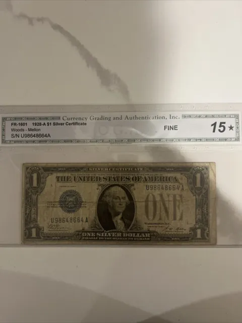 1928 A $1 Silver Certificate Funny Back Note,FR. 1601,Blue Seal,C.G.A. 15 Fine