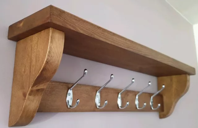 Coat Rack With Shelf Handmade Rustic wooden Wall mounted 5 Silver Hooks Dark Oak