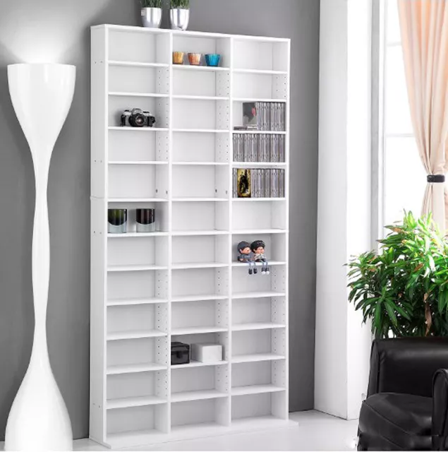 Large Chunky CD Cabinet Tall DVD Rack White Storage Unit Wood Shelf Display Room