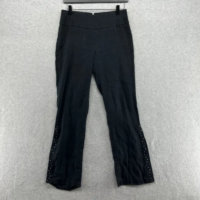 BEBE Linen Pants Women's Size 6 Flared Black Sequin Flat Front Side Split USA