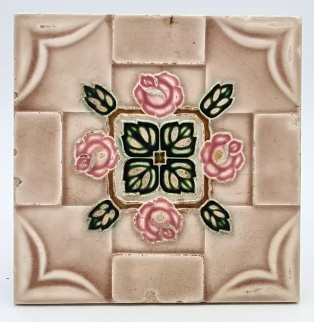 Art Nouveau Majolica Tile Floral Design M.S. Tile Works Made in Japan C1930