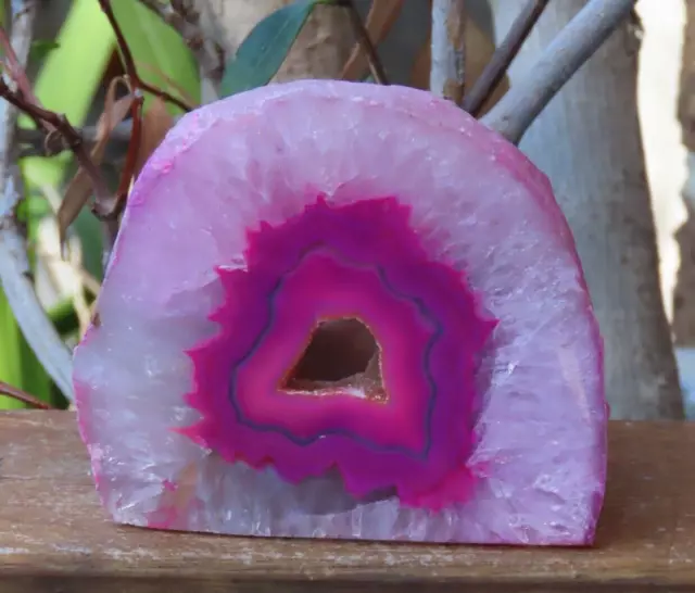Dyed Pink Agate Crystal Geode Tea Light Candle Holder 892Grams Raw Polished Face
