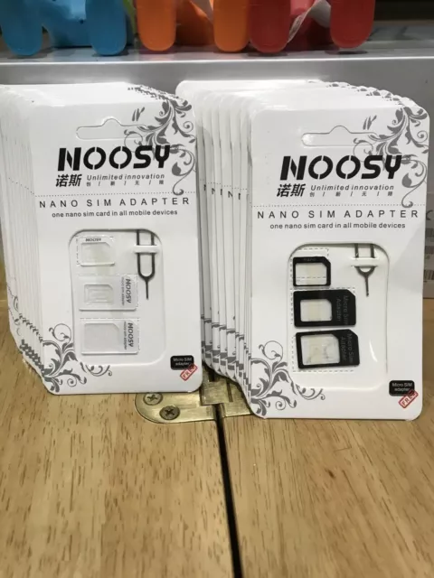 100 Black+White NOOSY Nano/Micro/Mini SIM Card Adapter Converter Set Job Lot UK