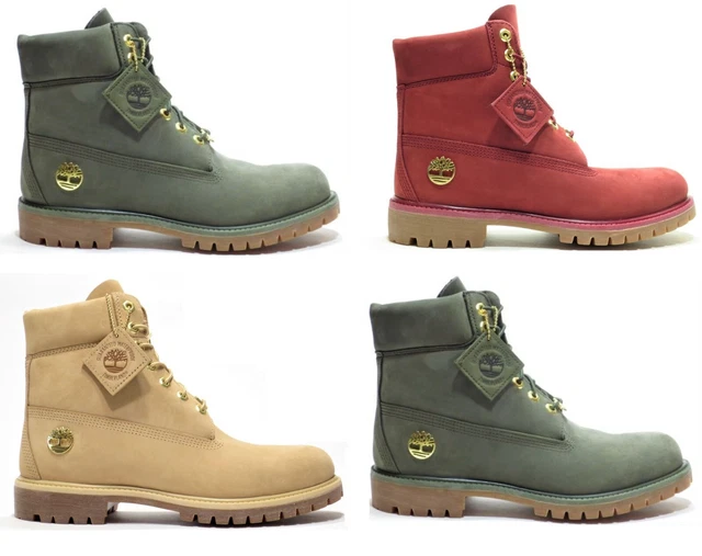 TIMBERLAND MENS 6 Inch Premium Waterproof Leather Boots Dark Green Red