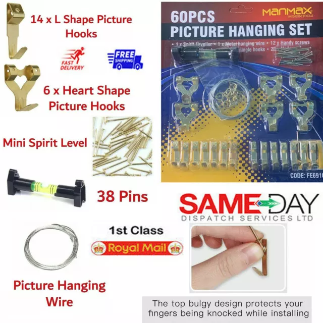 Picture Hanging Kit Mirror Photo Frame Hooks Brass Nail Wire Set Wall Art