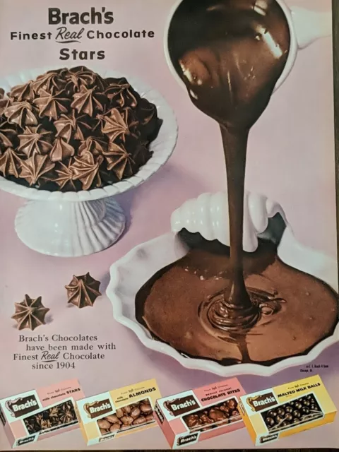 1958 Vintage Brach's Chocolate Print Ad, Malted Milk Balls, Almonds, Stars