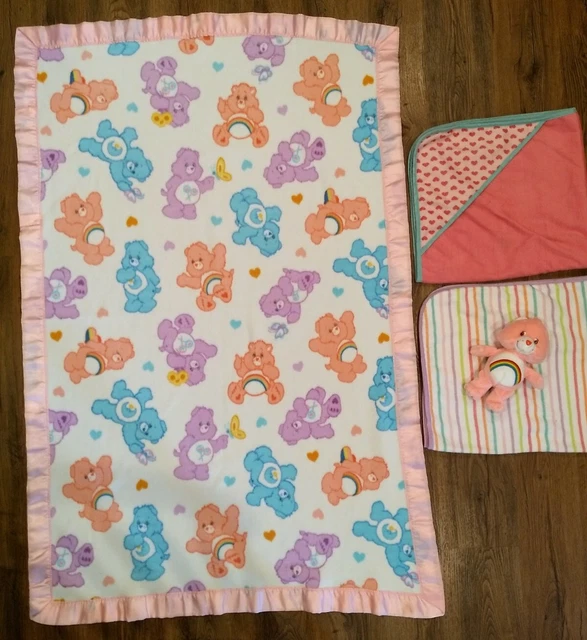 Lote de manta de peluche y toallas para bebé/cuna Care Bears con borde rosa 52x34