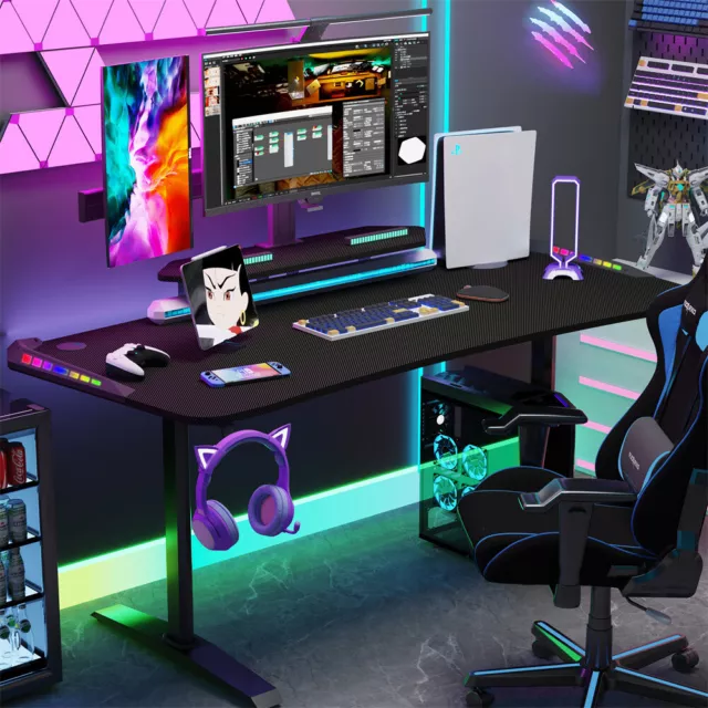 71'' Ergonomic Gaming Desk Computer Table w/ Adjustable Monitor Shelf RGB Lights