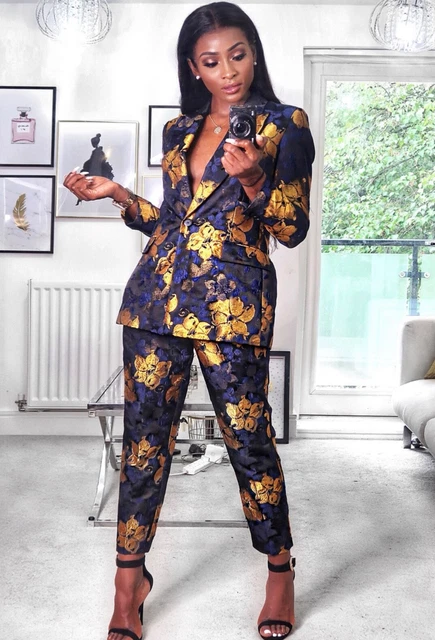 ZARA NAVY FLORAL Jacquard Blazer M and Pants L 120.00