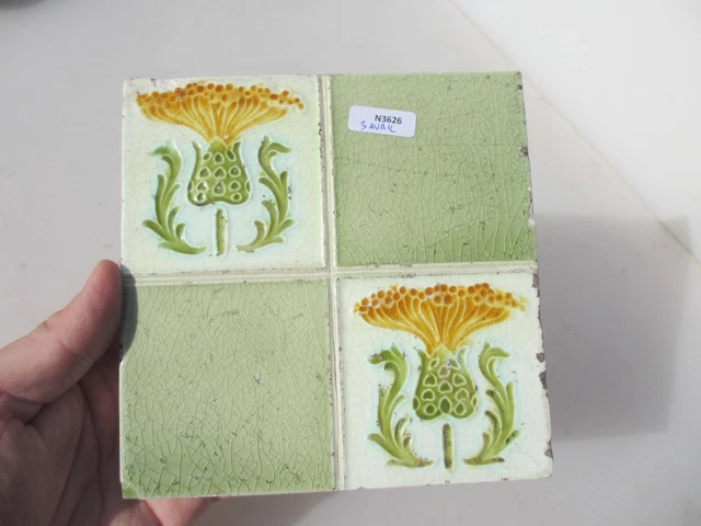 Antique Ceramic Tile Vintage Floral Art Nouveau Flowers Old Leaf Edwardian 1907