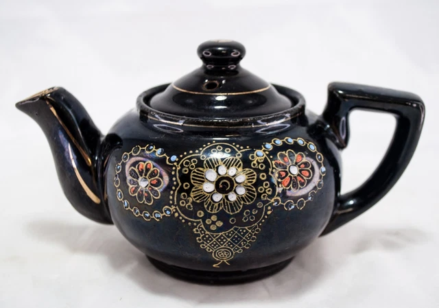 Vintage Black Hand Painted Teapot Made In Occupied Japan with Gold Trim