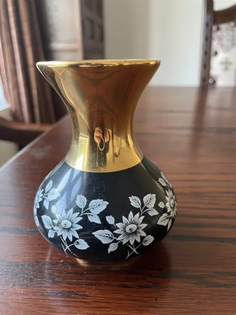 Vintage Black & Gold Prinknash Vase With Floral Design