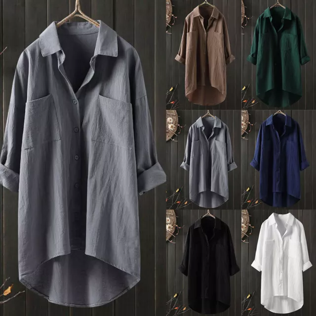 Plus Size Women Linen Cotton Shirt Dress Casual Baggy Tunic Long Blouse Tops Tee 3