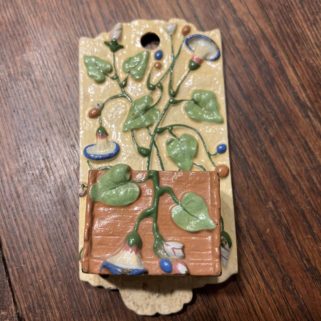 ANTIQUE CAST IRON Enamel Painted Wall Mount Match Safe. Morning Glories