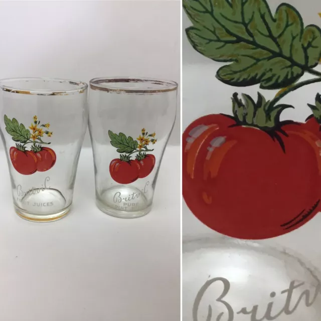 2 X Vintage Britvic Fruit Juices Tomato Juice Glasses Breakfast Fruit Juice