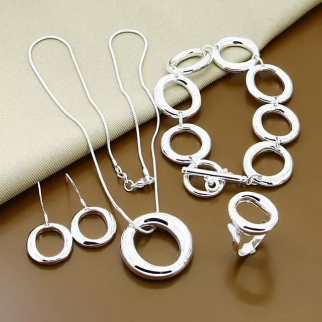 925 Sterling Silver Filled Set O shape Pendant Necklace Bracelet Earrings Ring