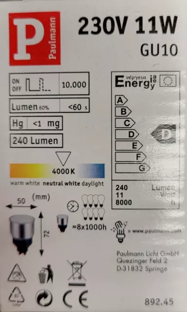 Paulmann 892.45 ESL kaltweiß 4000K GU10 Energiesparbirne 11 Watt Reflektorlampe