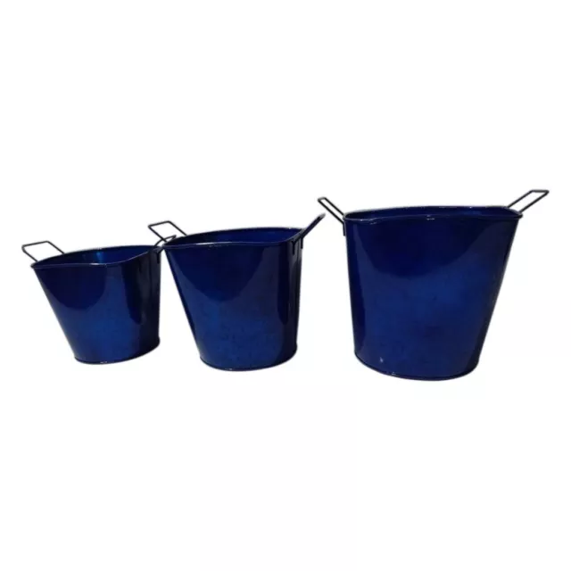 Pack of 3 Glossy Blue Metal Buckets, Galvanised Planter